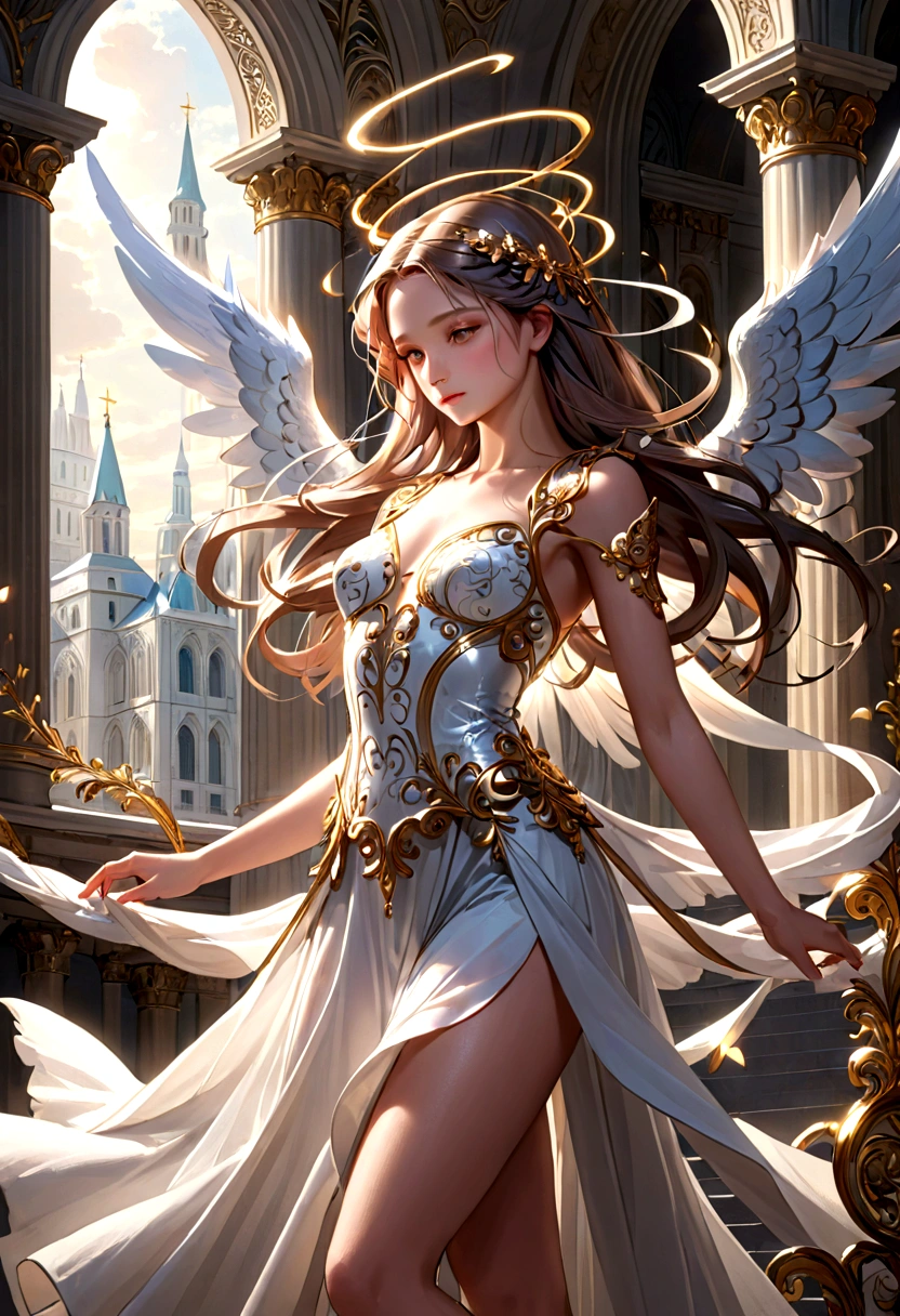 Stained glass, beautiful vintage woman,open angel wings,alphonse mucha style,Intricate flowery background