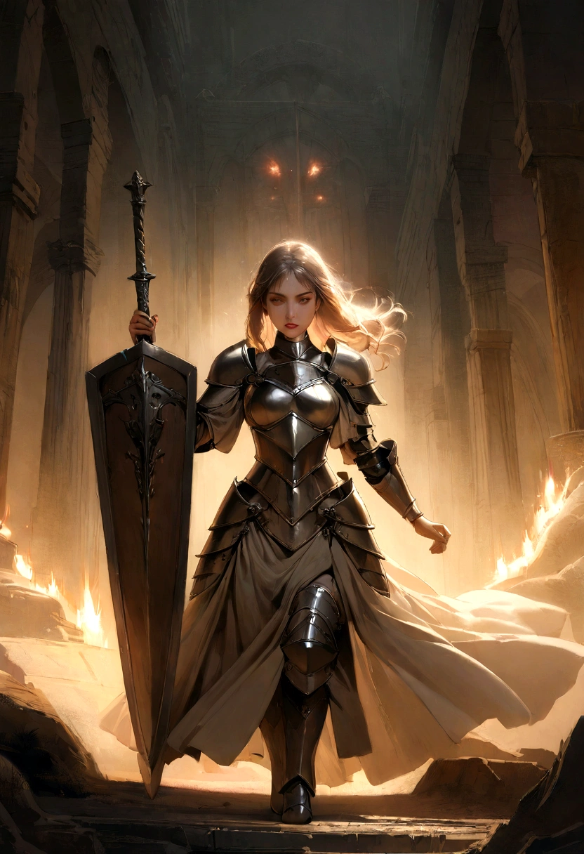 masterpiece, highly detailed, hyper-realistic, 1girl, beautiful woman, iron armor, steel sword, metal shield, holding victory flag, cinematic lighting, dramatic pose, ancient medieval setting, glowing aura, cinematic atmosphere, volumetric lighting, intricate details, delicate features, intense expression, digital painting, concept art style, muted color palette, chiaroscuro lighting