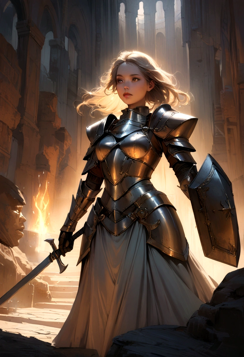 masterpiece, highly detailed, hyper-realistic, 1girl, beautiful woman, iron armor, steel sword, metal shield, holding victory flag, cinematic lighting, dramatic pose, ancient medieval setting, glowing aura, cinematic atmosphere, volumetric lighting, intricate details, delicate features, intense expression, digital painting, concept art style, muted color palette, chiaroscuro lighting