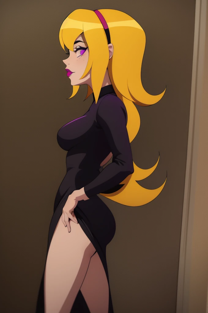 yellow hair, black dress, freckles, lipstick, big , purple eyes, Lucy Mann, big ass, seductive pose, solo, tight outfit