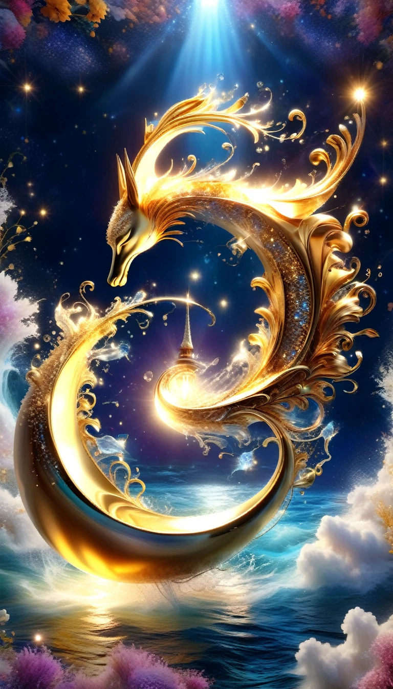 Made by AIS-RCN, 8K Photo, "words, Golden Horn, Jump out of the light, Transform your thoughts into delicate works of art.", Supple, Spotlight