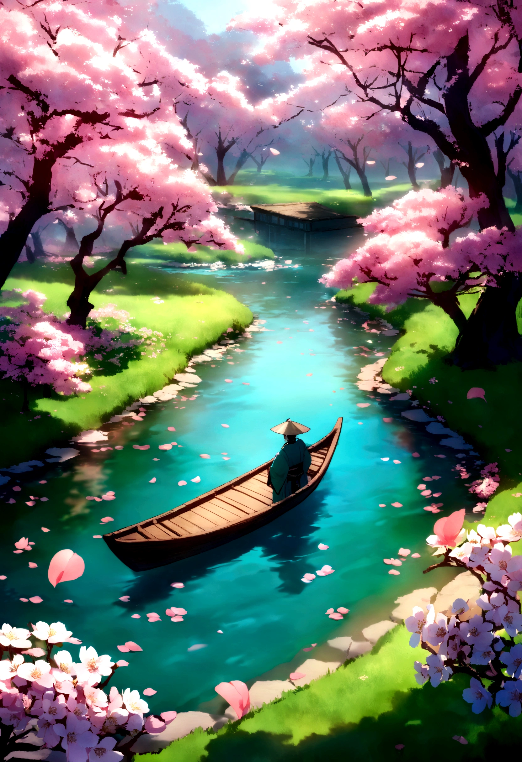 A fisherman（Back Shadow） from the Jin Dynasty gently rowed a small wooden boat along a creek when a dense, low-hanging peach blossom forest appeared before him. Peach branches extended over the creek, and the forest stretched along both banks for hundreds of meters. The grass beneath the trees was dotted with colorful wildflowers. Peach blossom petals fell like rain, dancing in the air and settling on the ground and in the creek. There were no buildings in sight. The scene was dominated by peach blossoms, with 80% of the view filled with their bright and cheerful hues.