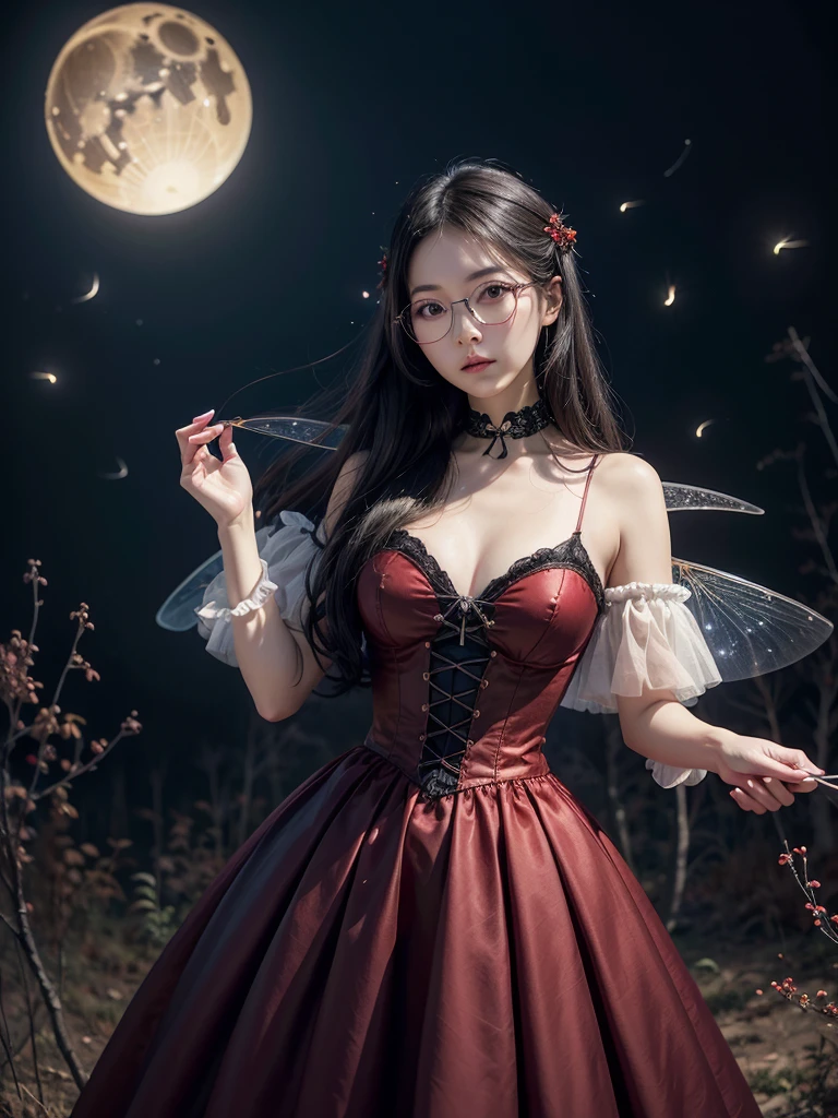 art painting of a beautiful attractive slender Chinese woman, long wavy black hair, black eyes, vintage glasses, v-neck Victorian dress, maple-colored bodice with black laces, red skirt, white gloves,  fairy wings, magic sphere of fire, background a night sky with a crescent moon and fireflies cherry trees forest