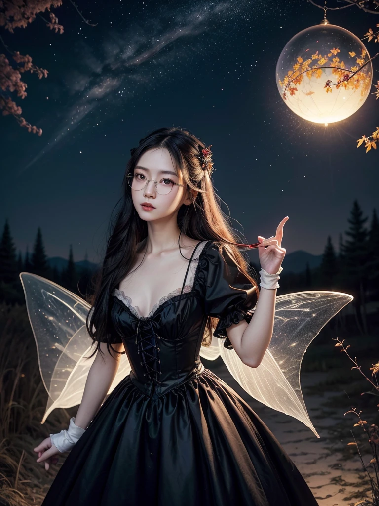 art painting of a beautiful attractive slender Chinese woman, long wavy black hair, black eyes, vintage glasses, v-neck Victorian dress, maple-colored bodice with black laces, red skirt, white gloves, transparent fairy wings, magic sphere of fire, background a night sky with a crescent moon and fireflies cherry trees forest