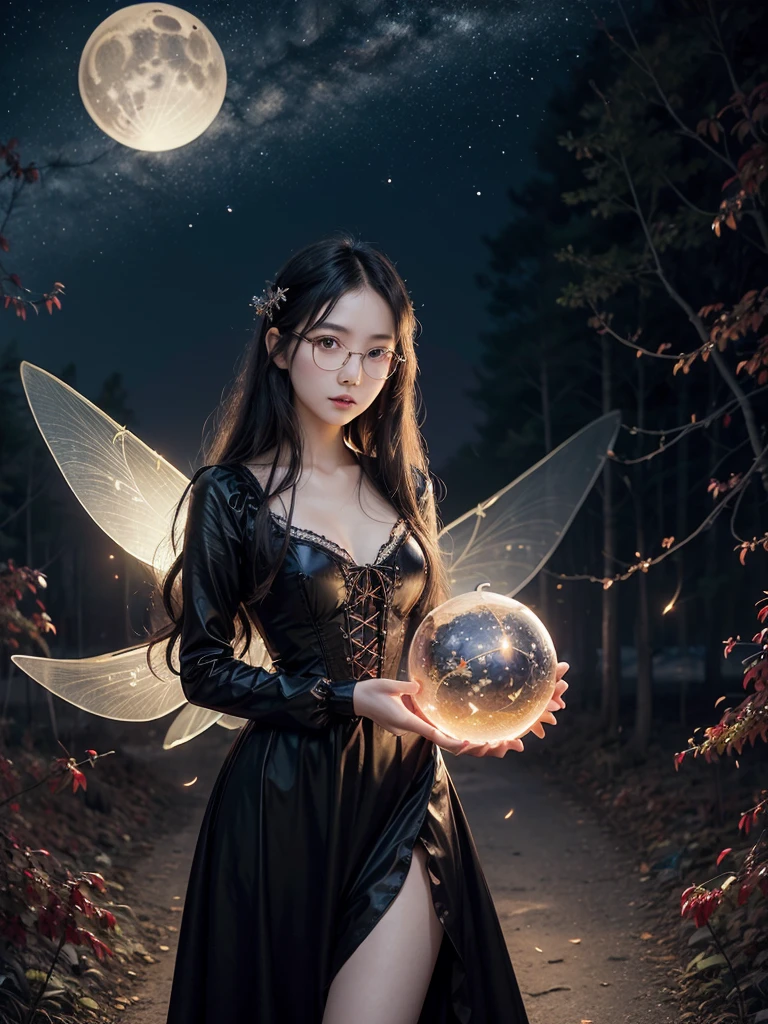 art painting of a beautiful attractive slender Chinese woman, long wavy black hair, black eyes, vintage glasses, v-neck Victorian dress, maple-colored bodice with black laces, red skirt, white gloves, transparent fairy wings, magic sphere of fire, background a night sky with a crescent moon and fireflies cherry trees forest