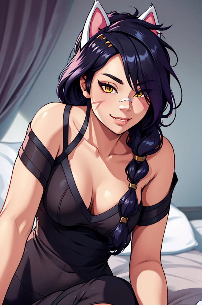 Erisa, 1girl, solo, long hair, looking at viewer, black hair, bandaid on face, yellow eyes, animal ears, smile, bandaid on nose, braid, cat ears, bandaid, bangs, breasts, fake animal ears, simple background, fang, bare shoulders, scar, bare shoulders, closed mouth, hair over one eye, portrait, hair over shoulder, legs, lingerie, bedroom, seductive, realistic, highly detailed face, detailed eyes, best quality, masterpiece, ultra detail, ultra high res, extreme detail, 8k, uhd