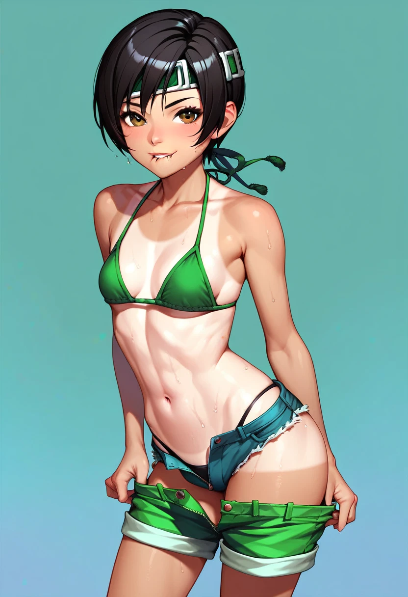 score_9, score_8_up, score_7_up, score_6_up, score_5_up, score_4_up, highest_quality, masterpiece, yuffie kisaragi, midriff, tan short shorts, small breasts, black bikini, shorts unzipped, tan, bikini tanlines, pulling shorts down, biting lip, sweaty, black clothing, black hair, brown eyes