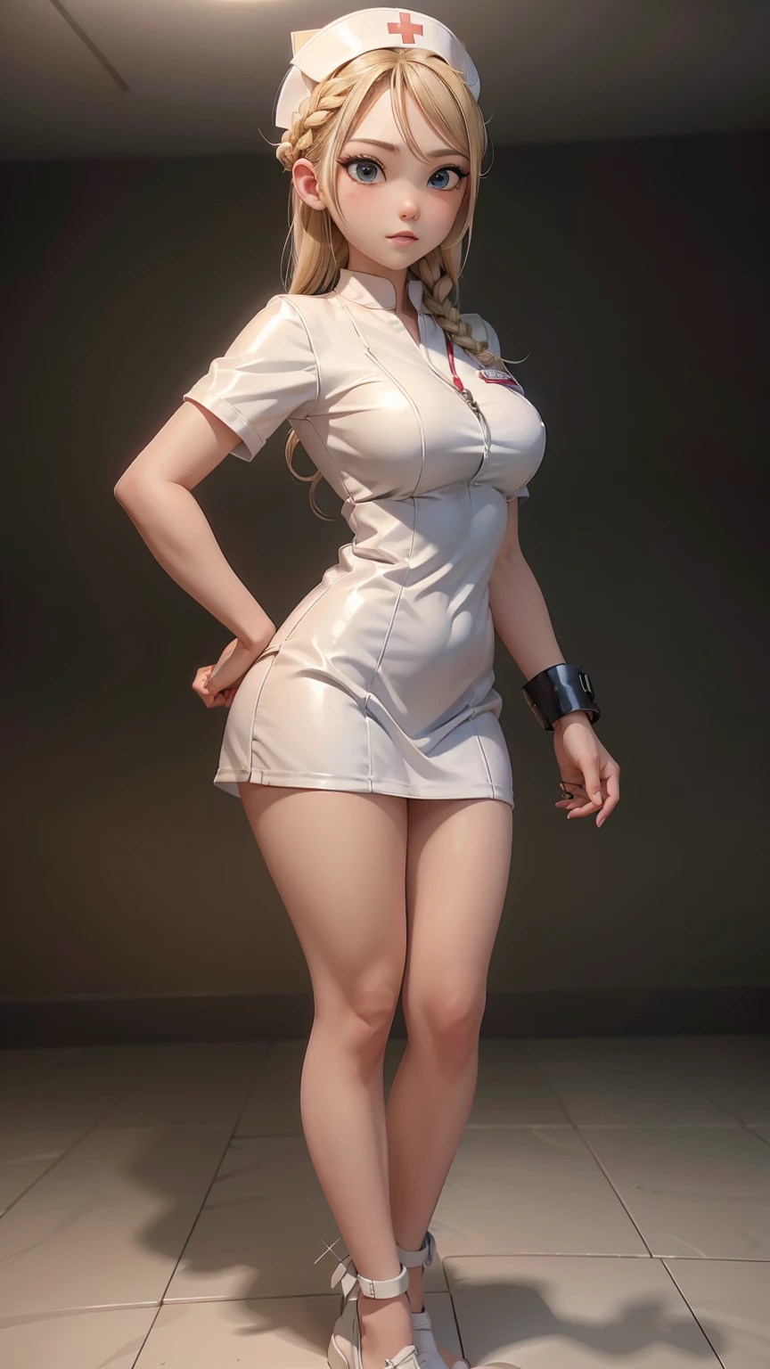 full body, 1 girl, braided blonde hair, Warrior Nurse , dressed in shiny white leather, Nurse, On the battlefield.