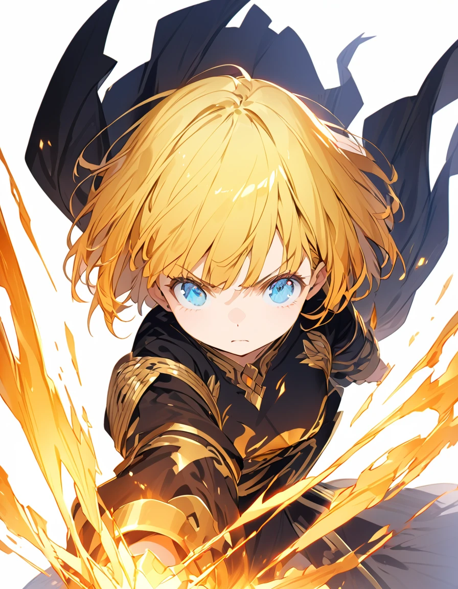 A masterpiece of ultra-precise description of a girl fighting with golden flames (Short Bob Hair:1.4),(blue eyes)Fighting pose Golden flames rise all over