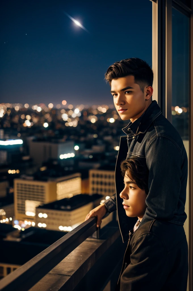 Make me an image of a young man watching the night from a building and the night full of stars and the city full of lights
