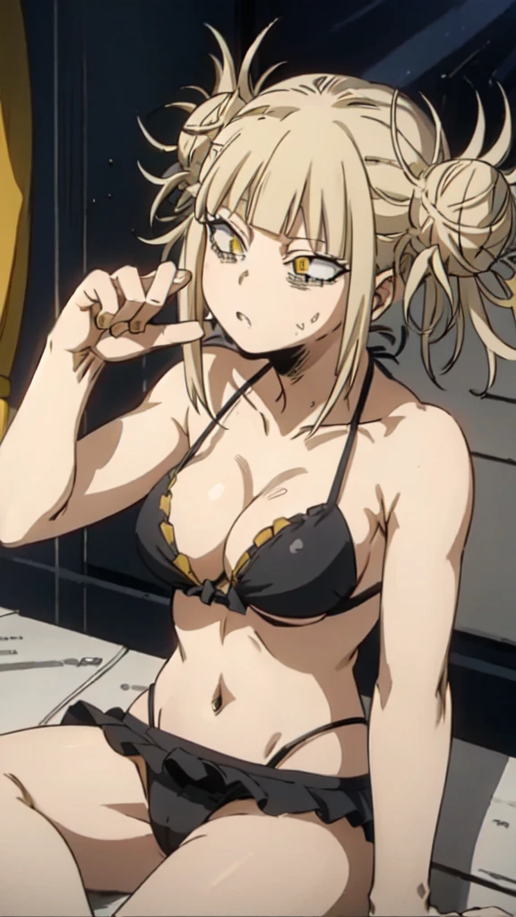 himikotoganova, (1girl, solo), blonde hair, double bun, messy hair, bangs, (perfect eyes, yellow eyes), black bikini, bags under eyes, breasts, sitting