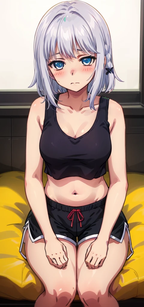 1 girl, kanon kanase, blush, medium breasts, sleeveless,((( cropped tank top, shorts))), 20-year-old, healthy skin, closed mouth, (indoors), detailed eyes. Sitting.
