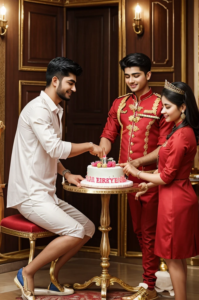 Create realistic image of a 21 year old boy is satting on and king chair and she is cutting the birthday cake there are many gifts kept next to it aon the and Happy Birthday Prince Deepak 3d text is written on the back wall