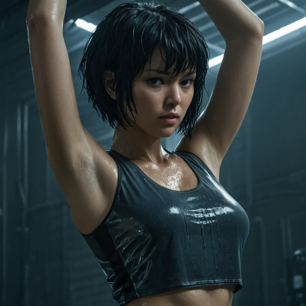 1girl, cyborg kusanagi motoko, tank top, short hair, black hair, dark, cyberpunk short lighting technique, cinematic, sweaty armpits,see through translucent top,dripping with sweat,arms up, armpits detailed