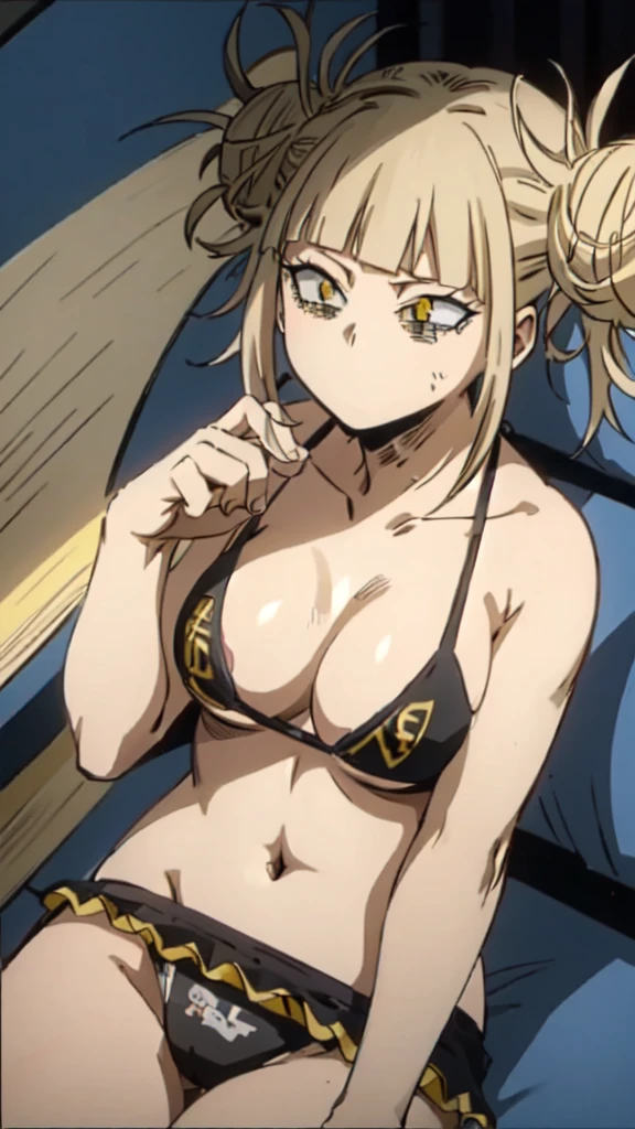 himikotoganova, (1girl, solo), blonde hair, double bun, messy hair, bangs, (perfect eyes, yellow eyes), black bikini, bags under eyes, breasts, sitting