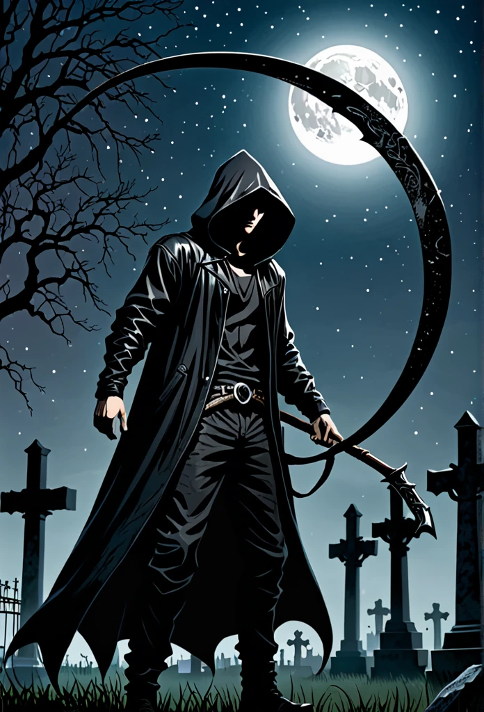 A man in a black hood holding a giant scythe、Slightly looking down、
BRAEK Standing in the graveyard at night、Moonlit Night、It&#39;s foggy, the eyes are shadowed and dark.、BRAEK Night with the tip of the sickle shining、