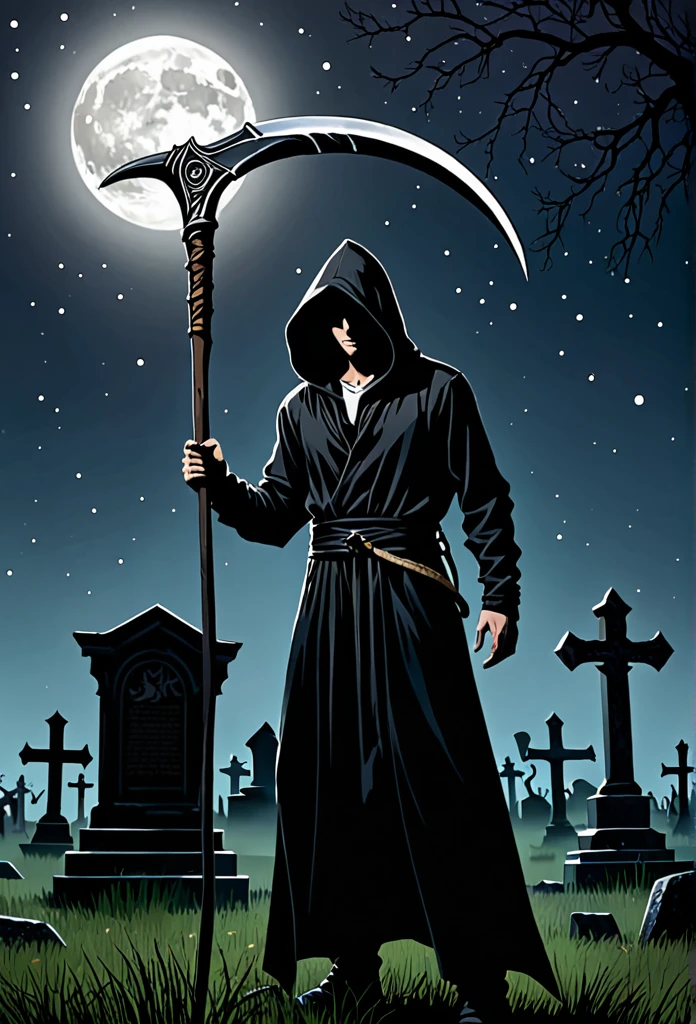 A man in a black hood holding a giant scythe、Slightly looking down、
BRAEK Standing in the graveyard at night、Moonlit Night、It&#39;s foggy, the eyes are shadowed and dark.、BRAEK Night with the tip of the sickle shining、