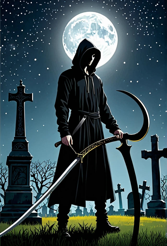 A man in a black hood holding a giant scythe、Slightly looking down、
BRAEK Standing in the graveyard at night、Moonlit Night、It&#39;s foggy, the eyes are shadowed and dark.、BRAEK Night with the tip of the sickle shining、