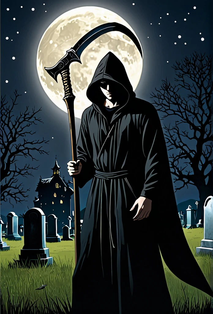 A man in a black hood holding a giant scythe、Slightly looking down、
BRAEK Standing in the graveyard at night、Moonlit Night、It&#39;s foggy, the eyes are shadowed and dark.、BRAEK Night with the tip of the sickle shining、