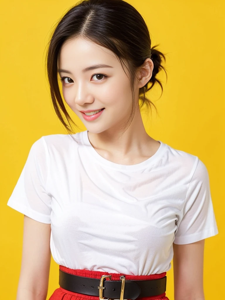 a gorgeous lady, age 22, white T-shirt and red skirt, black belt, dimpled smile, short ponytail hair, in a natural pose, photorealistic, beautiful detailed eyes, ample round bosom, hyper-realism, high contrast, ultra HD, realistic skin textures, top image quality, top-quality, super high resolution, fine details, very meticulously, simple yellow background