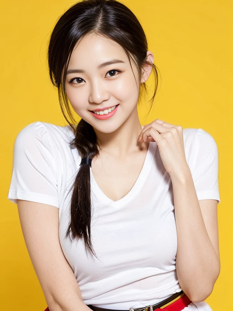 a gorgeous lady, age 22, white T-shirt and red skirt, black belt, dimpled smile, short ponytail hair, in a natural pose, photorealistic, beautiful detailed eyes, ample round , hyper-realism, high contrast, ultra HD, realistic skin textures, top image quality, top-quality, super high resolution, fine details, very meticulously, simple yellow background