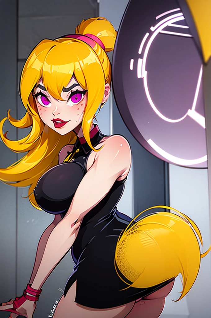 yellow hair, black dress, freckles, lipstick, big boobs, purple eyes, Lucy Mann, big ass, seductive pose, solo, panty shot