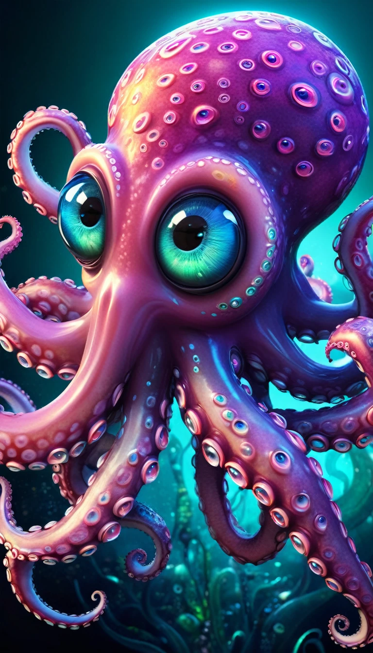 a funny mimic creature,fantasy,whimsical,playful,cute,adorable,imaginative,surreal,colorful,3D render,digital art,highly detailed,intricate,sharp focus,octopus-like body,large expressive eyes,mischievous expression,vibrant colors,glowing bioluminescent patterns,dynamic pose,magical realism,cinematic lighting,photorealistic