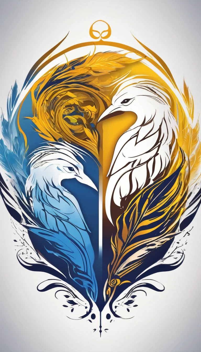 Create a minimalistic, simple, fantastic, easy to understand, logo design of two faces, one of a boy and the other of a feather for an upcoming Fantasy Role Playing Game called " Penamemoria". The game is about a world full of bird and feathers. A boy enters that world and discovers his true artistic identity. Create a logo design that transmits the essence of this videogame. It´s a fantasy game, with fantasy elements. Create the logo in the center and a fantasy theme as background. Use the colours blue, white, yellow in the logo. The logo design must convey a sense of fantasy, dreams and music. Must convey a feeling of being a true Dreamer