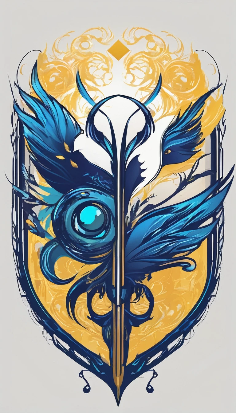 Create a minimalistic, simple, fantastic, easy to understand, logo design of two faces, one of a boy and the other of a feather for an upcoming Fantasy Role Playing Game called " Penamemoria". The game is about a world full of bird and feathers. A boy enters that world and discovers his true artistic identity. Create a logo design that transmits the essence of this videogame. It´s a fantasy game, with fantasy elements. Create the logo in the center and a fantasy theme as background. Use the colours blue, white, yellow in the logo. The logo design must convey a sense of fantasy, dreams and music. Must convey a feeling of being a true Dreamer