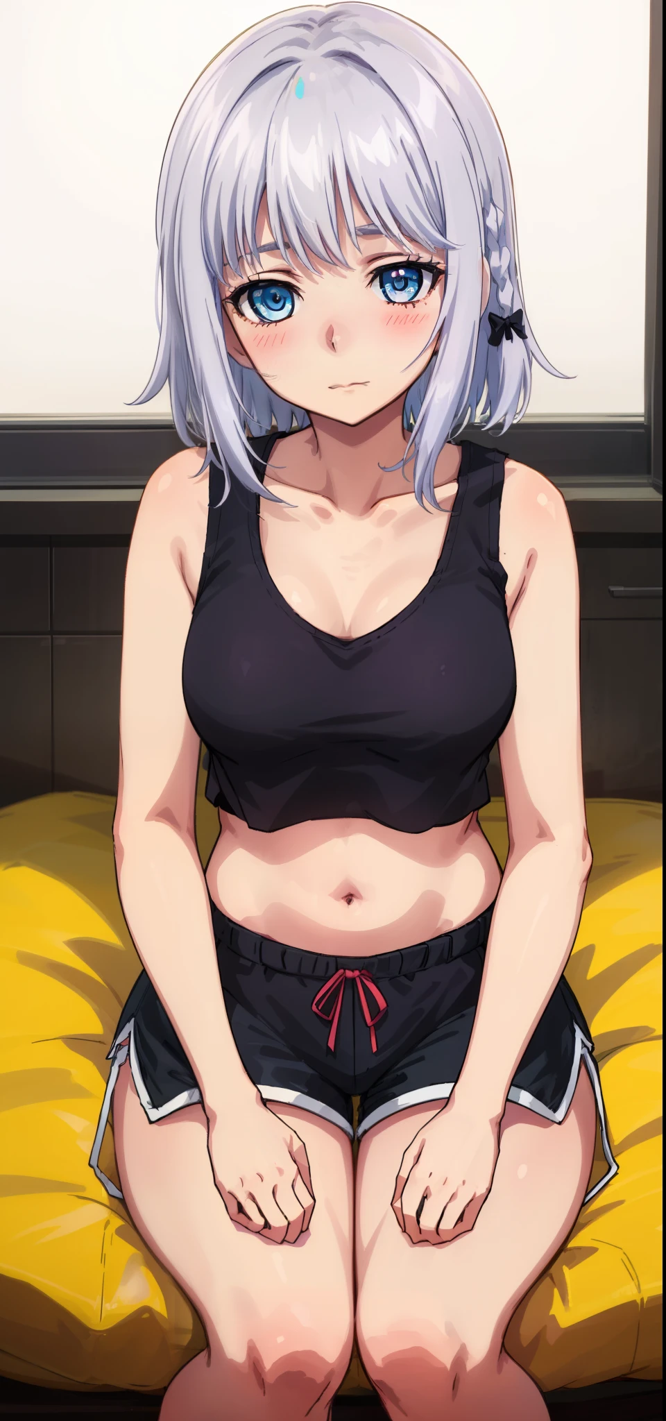 1 girl, kanon kanase,  blush, , sleeveless,((( cropped tank top, shorts))),  20-year-old, healthy skin, closed mouth, (indoors), detailed eyes. Sitting.