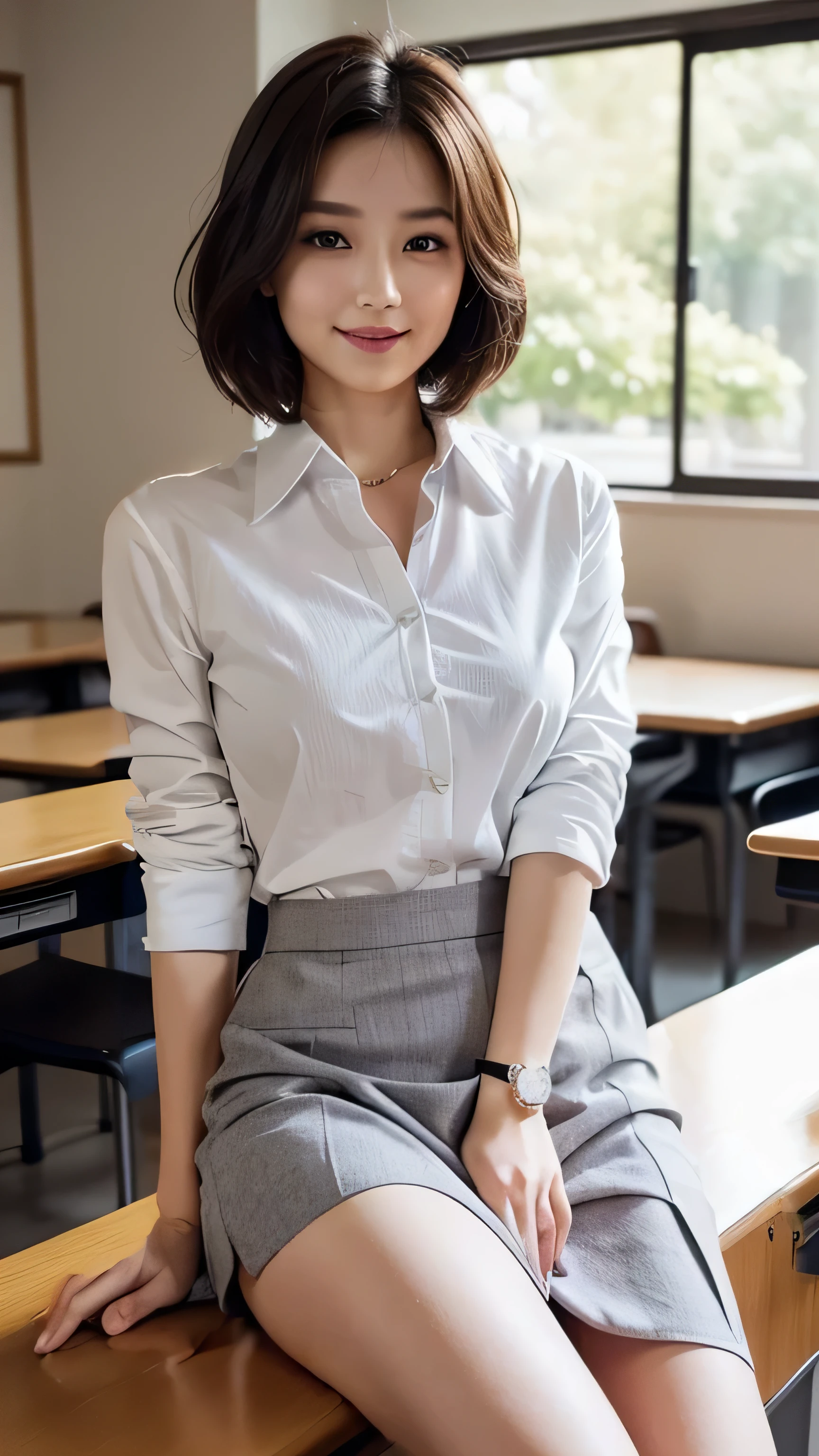 Grey collared shirt,White cardigan,skirt,