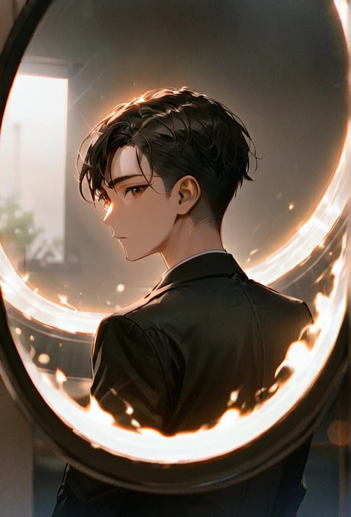 Half body portrait of a young man short Smoky white,long Undercut, brown eyes, wears an all black suit. Stand and look back. Look back. Half-body image. Look back. ยืนท่ามกลางความวุ่นวาย