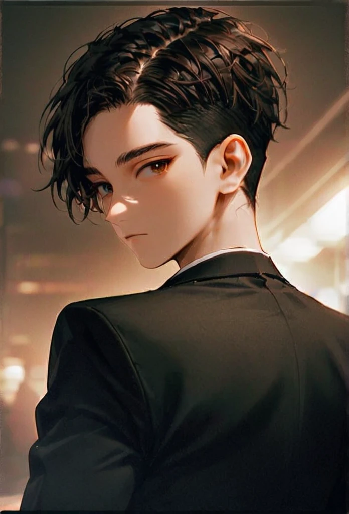 Half body portrait of a young man short Smoky white,long Undercut, brown eyes, wears an all black suit. Stand and look back. Look back. Half-body image. Look back. ยืนท่ามกลางความวุ่นวาย