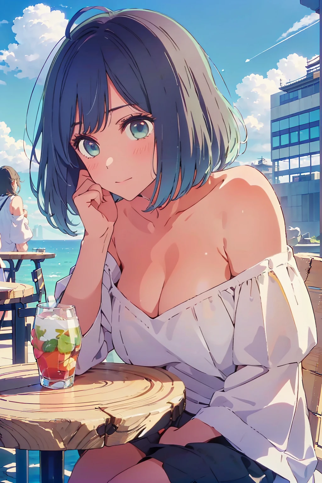 (Highest quality:1.4、8K:1.4、detailed)、F cup bust、Big Breasts、Slim body、Very white beautiful skin、((((1 person、Surprised expression、sit、Chair、In the background are the urban buildings of Tokyo、looking at the camera、Outdoor café terrace、coastal、Navy hair color、juice、Shooting up close、table、Very cute face))))、(Pose of putting hair behind ears with hands:1.4）、((((Areola、Oversized off-the-shoulder、nude))))、Very blue sky、A completely cloudless sky