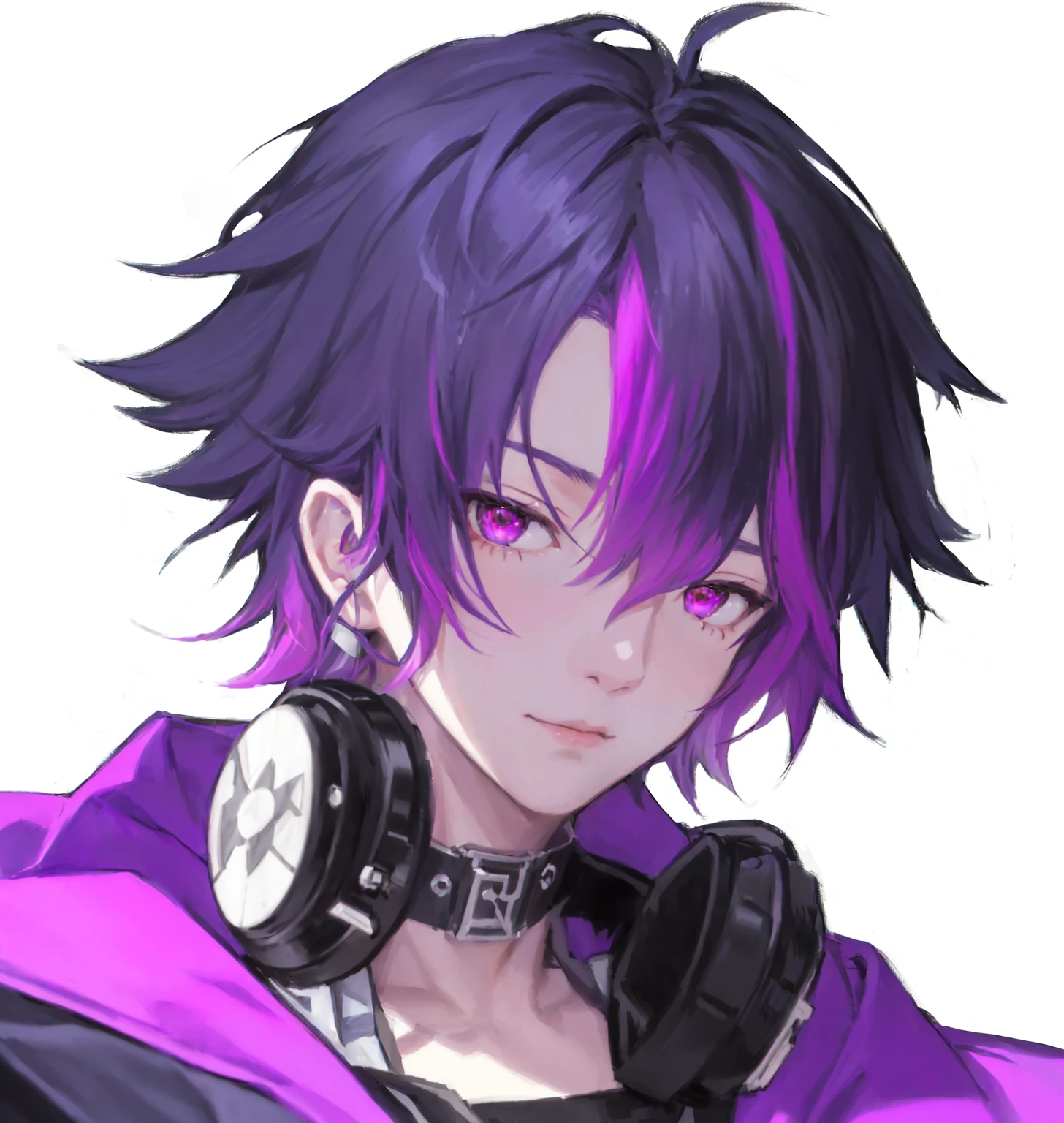 Anime boy with purple hair wearing headphones, Hajime Yatate, portrait gapmoe yandere grimdark, 《Genshin Impact》Zhongli, Kazuto Okada, male anime character, Shigenori Soejima illustration, [[[[Smiling]]]], Keqing from genshin impact, Shigenori Soejima