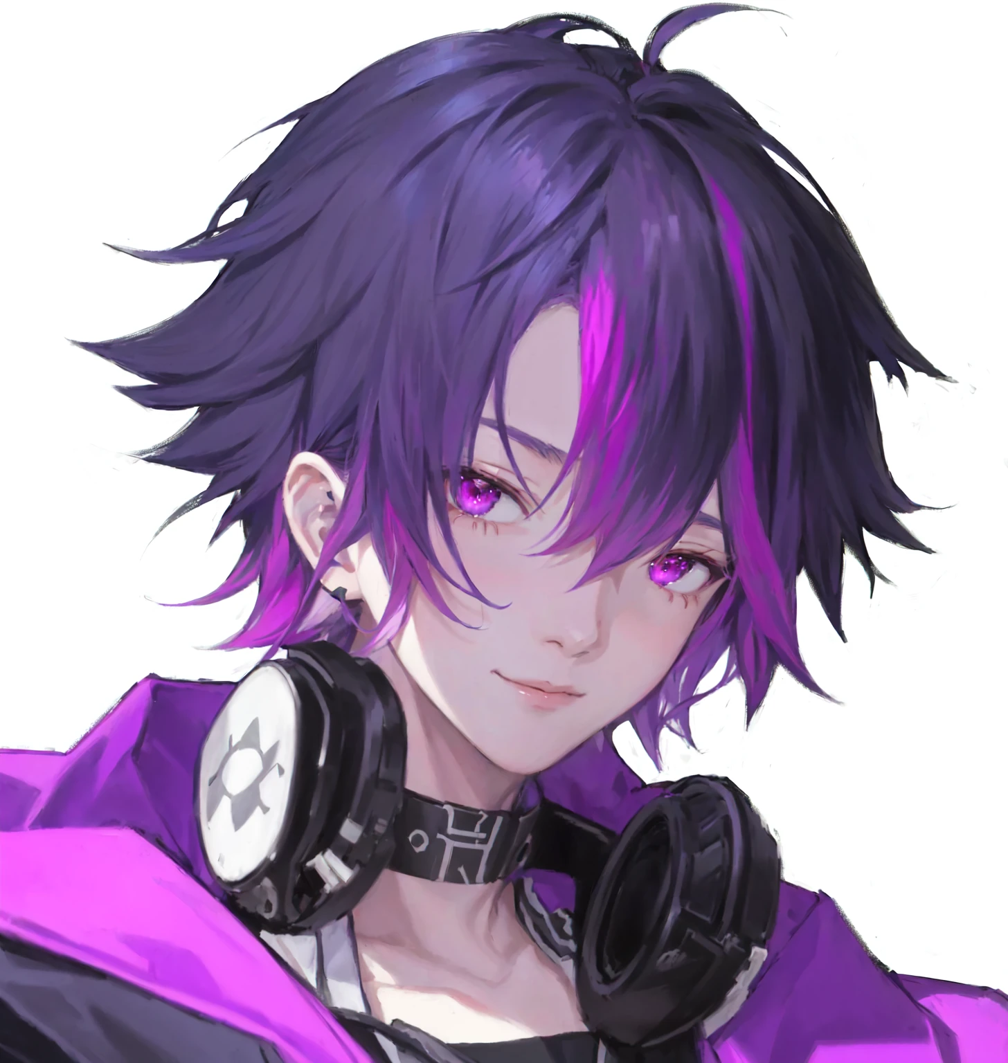 Anime boy with purple hair wearing headphones, Hajime Yatate, portrait gapmoe yandere grimdark, 《Genshin Impact》Zhongli, Kazuto Okada, male anime character, Shigenori Soejima illustration, [[[[Smiling]]]], Keqing from genshin impact, Shigenori Soejima