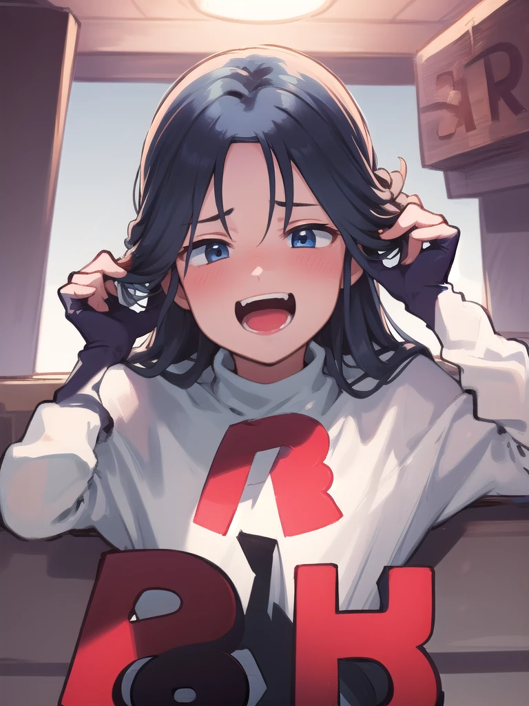 masterpiece, best quality, 1 girl, darkblue hair, long hair, team rocket,team rocket uniform, twitch, slapstick comedy, laugh eyes, laugh open mouth, big bump on head, fuss over,