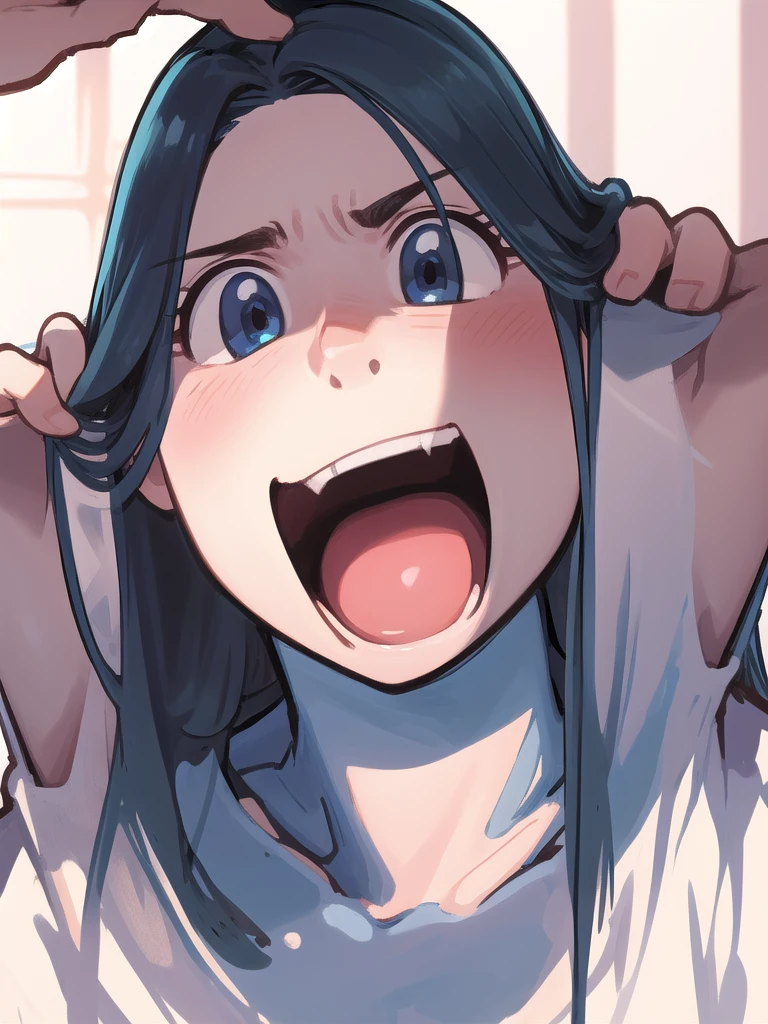 masterpiece, best quality, 1 girl, darkblue hair, long hair, team rocket,team rocket uniform, twitch, slapstick comedy, laugh eyes, laugh open mouth, big bump on head, fuss over,