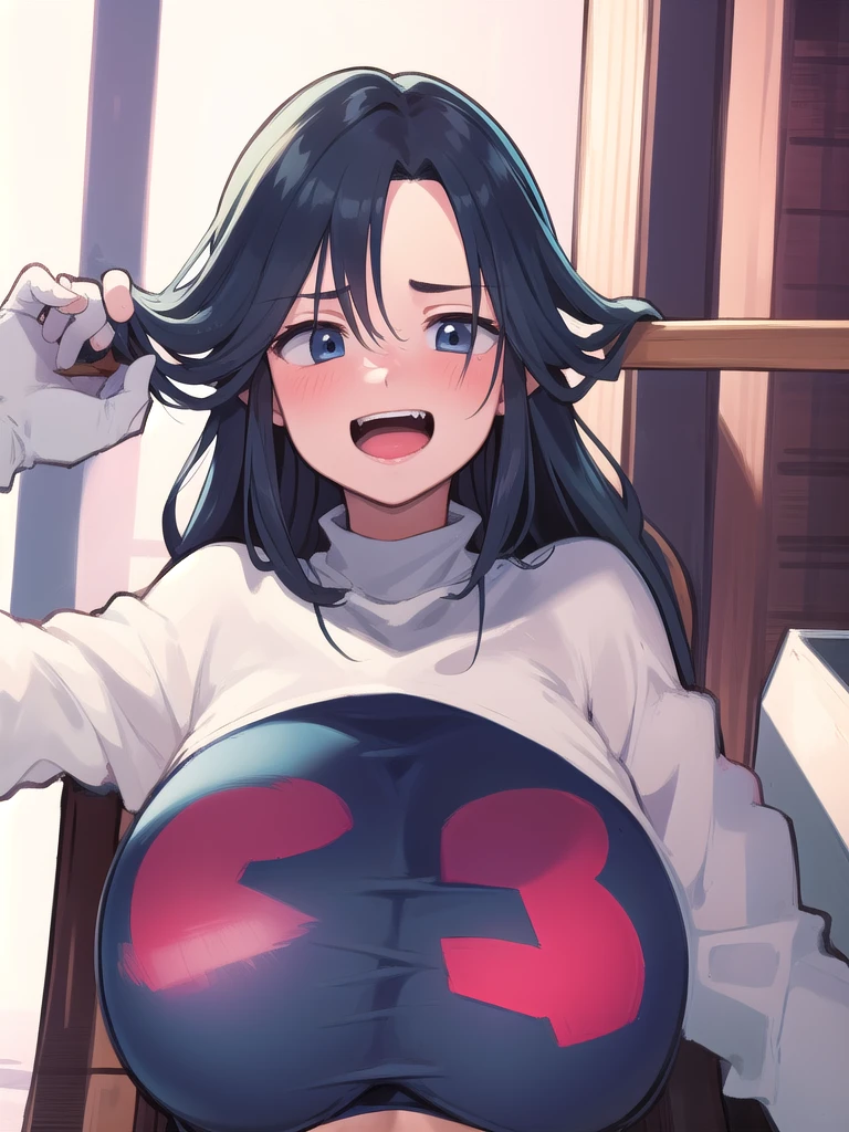 masterpiece, best quality, 1 girl, darkblue hair, long hair, team rocket,team rocket uniform, twitch, slapstick comedy, laugh eyes, laugh open mouth, big bump on head, fuss over,