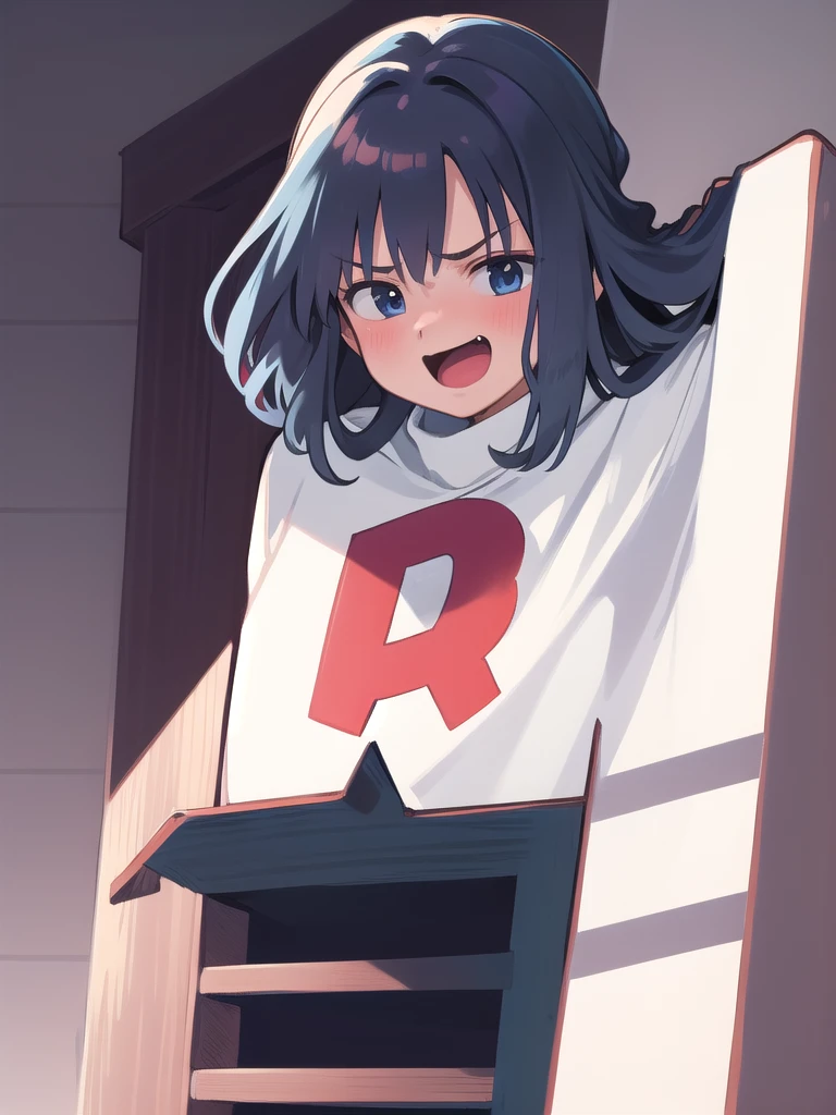 masterpiece, best quality, 1 girl, darkblue hair, long hair, team rocket,team rocket uniform, twitch, slapstick comedy, laugh eyes, laugh open mouth, big bump on head, fuss over,