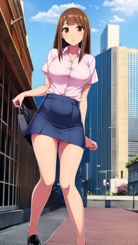 In anime, a girl with light skin, sexy, cute, leaders, long brown hair, her brown eye, wears a pink button-down blouse, shows her navel, and a short blue skirt, black shoe, she travels, flying, sky background, city.