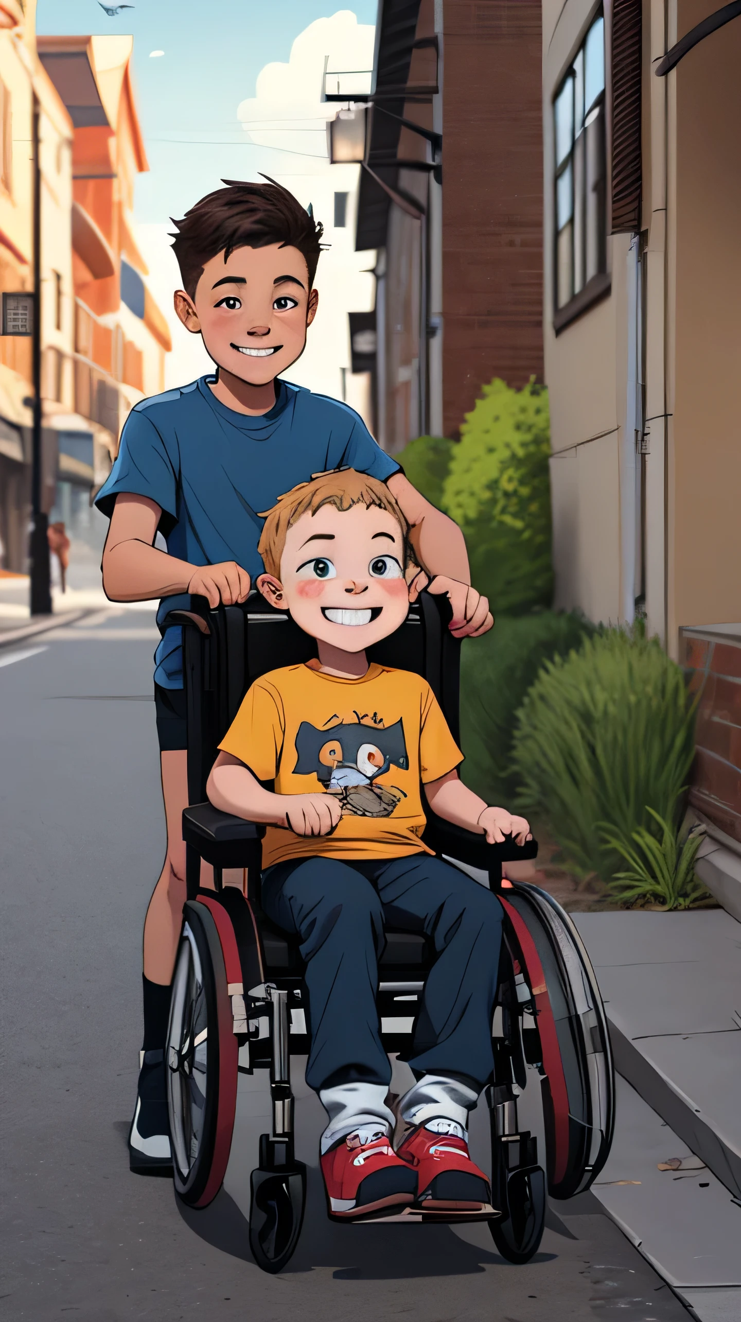 modern illustration of a smiling pushing a wheelchair with a smiling boy