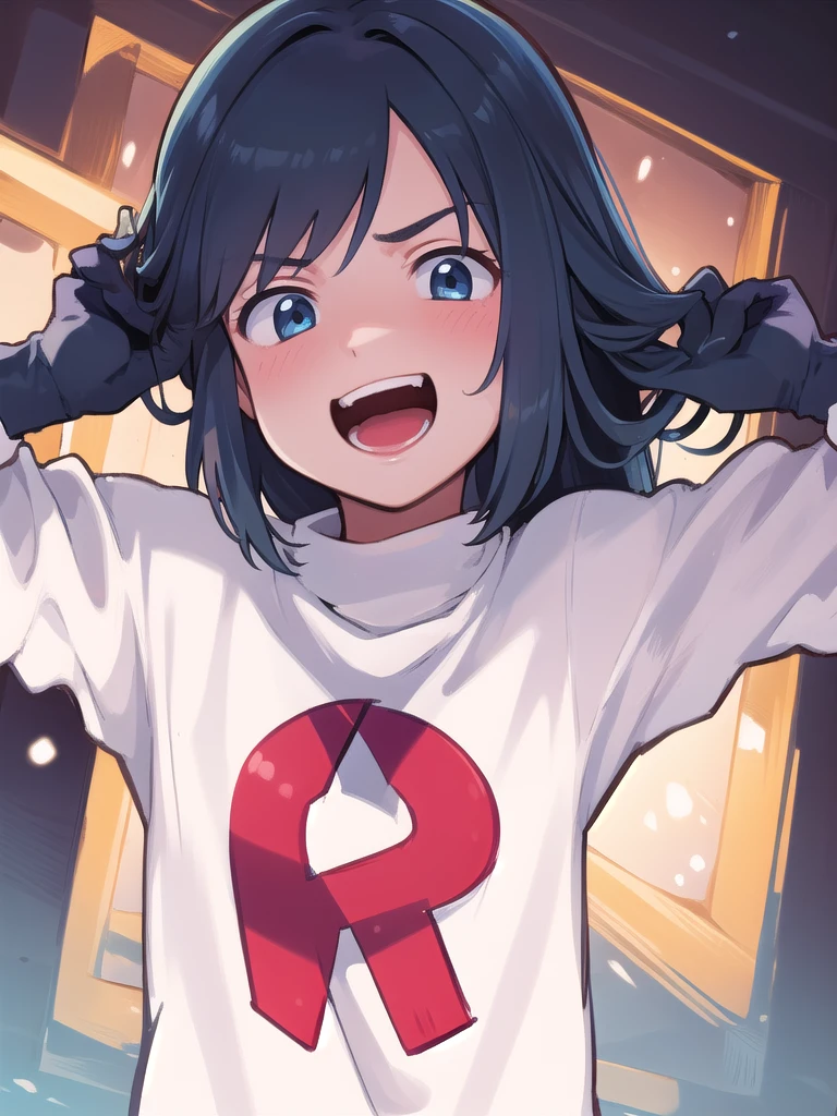 masterpiece, best quality, 1 girl, darkblue hair, long hair, team rocket,team rocket uniform, twitch, slapstick comedy, laugh eyes, laugh open mouth, noodle on head, fuss over,