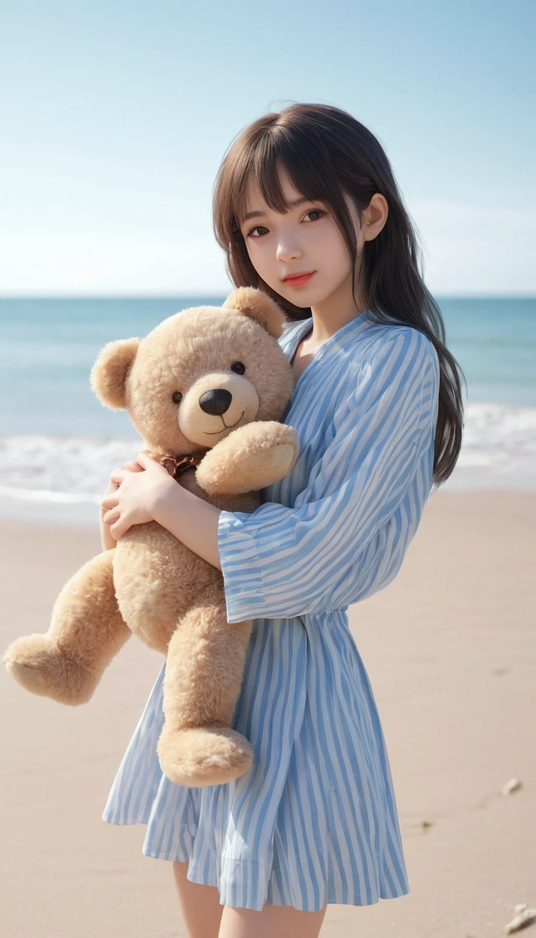 there is a woman holding a teddy bear on the beach, Kawaii realistic portrait, cute anime girl, visual anime of a cute girl, soft anime cg art, artwork in the style of guweiz, portrait of cute anime girl, Beautiful portrait, beautiful animated portrait, beautiful anime girl, cute anime girl portrait, 3d realistic anime style