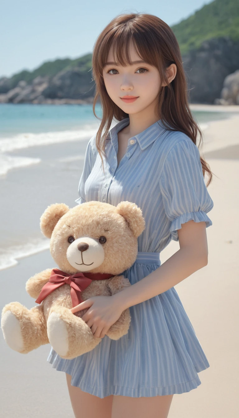 there is a woman holding a teddy bear on the beach, Kawaii realistic portrait, cute anime girl, visual anime of a cute girl, soft anime cg art, artwork in the style of guweiz, portrait of cute anime girl, Beautiful portrait, beautiful animated portrait, beautiful anime girl, cute anime girl portrait, 3d realistic anime style