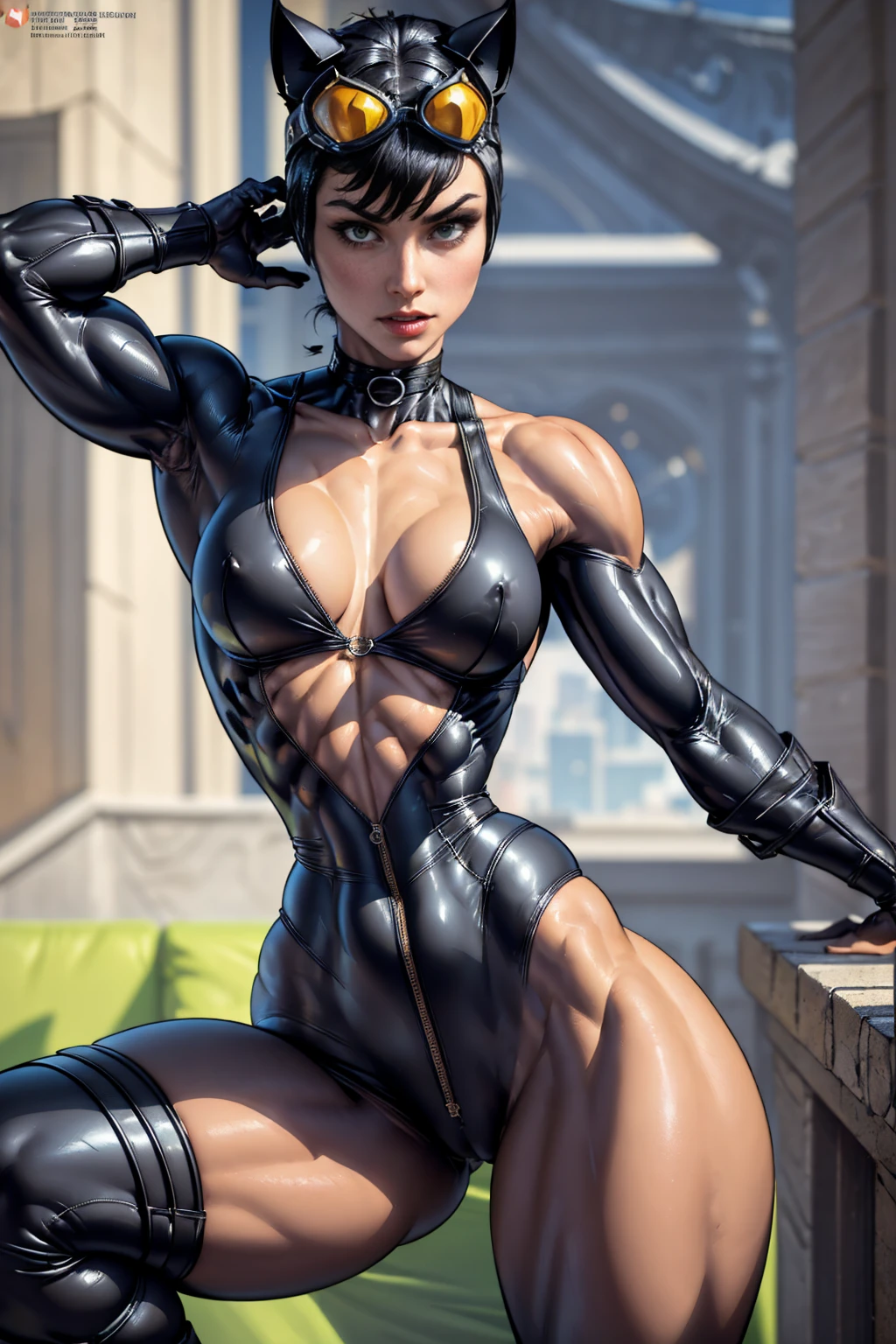 (masterpiece, best quality:1.2), catwoman, 1girl, solo, breasts, (cat ears, goggles, goggles on head), black bodysuit, night, center opening, unzipped, open bodysuit, green eyes, blurry background, perfect hands, perfect fingers, skimpy outfit, (muscular, thick thighs:1.4), upper body view, small breasts
