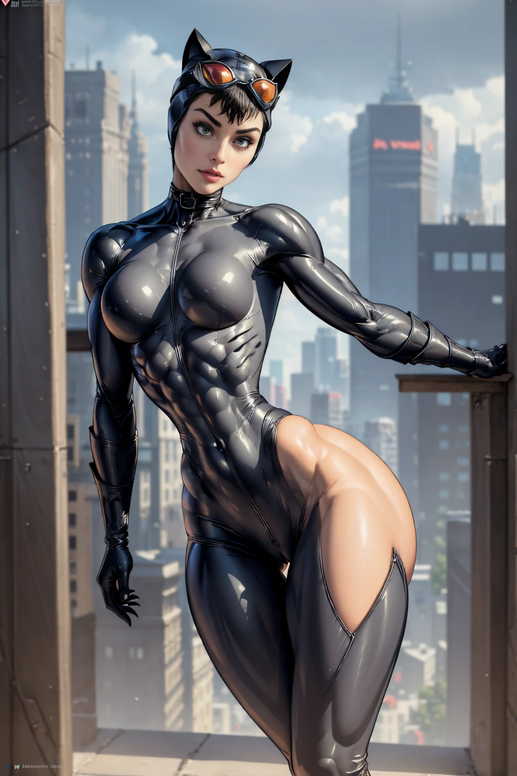 (masterpiece, best quality:1.2),  catwoman, 1girl, solo, breasts, (cat ears, goggles, goggles on head), black , night, center opening, unzipped, open , green eyes, blurry background, perfect hands, perfect fingers,  outfit, (muscular, thick thighs:1.4), upper body view, small breasts