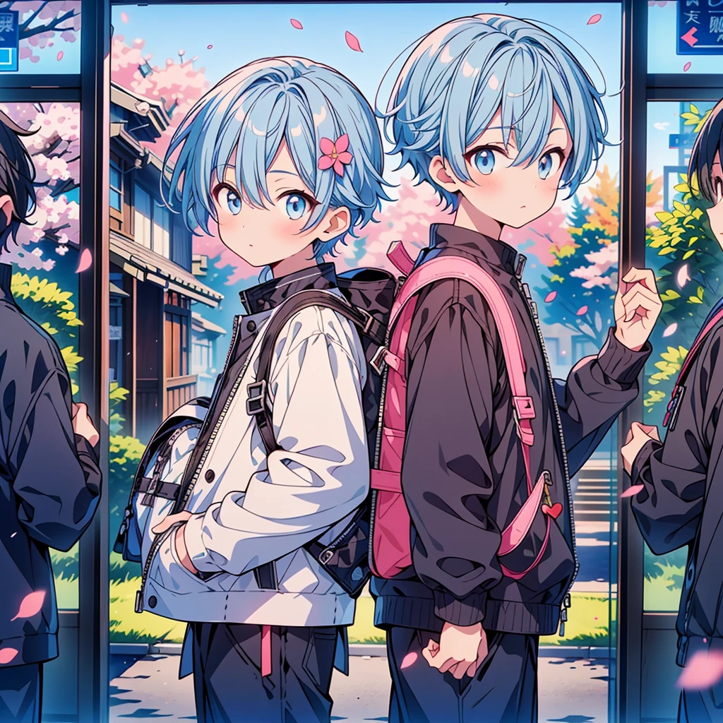 1boy,Highest quality、Masterpiece、Official Art、The best dynamic composition、Light blue hair color、Boys are high school students、Entrance Ceremony、、sneakers、Cherry blossom petals、、Cowboy Shot、Blue and white checked backpack、gakuran,