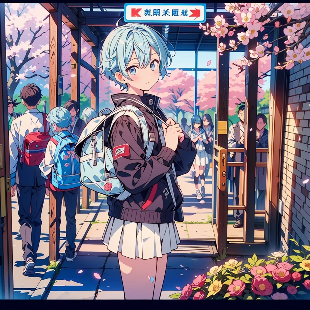 1boy,Highest quality、Masterpiece、Official Art、The best dynamic composition、Light blue hair color、Boys are high school students、Entrance Ceremony、、sneakers、Cherry blossom petals、Baby Face、Cowboy Shot、Blue and white checked backpack、gakuran,
