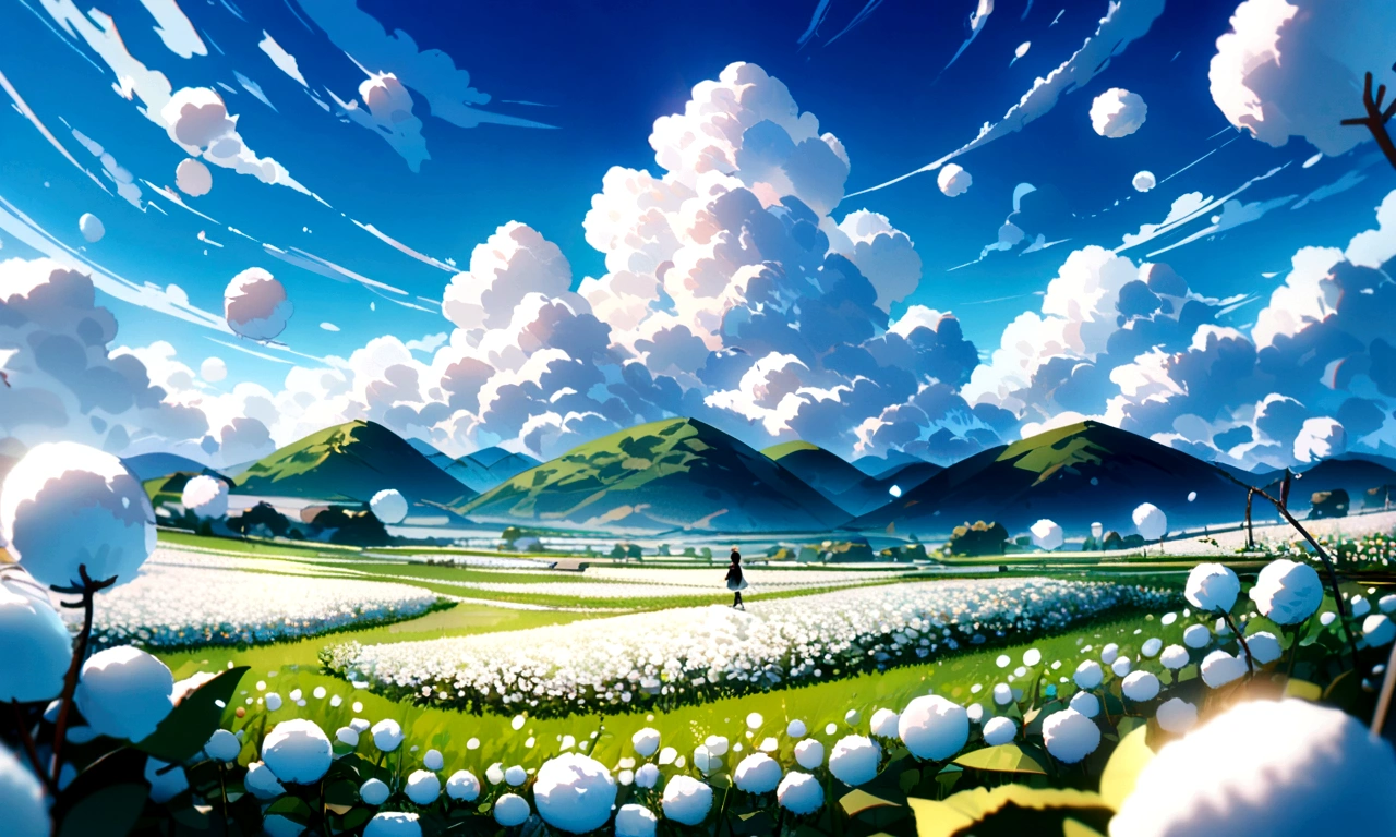 cotton field,figure,Cotton swabs,Floating Cotton,Pure white clouds,Bright blue sky,(Highest quality,4K,High resolution:1.2),Super detailed,Soft Light,sunlight,Vibrant colors,Serene landscape,Peaceful atmosphere